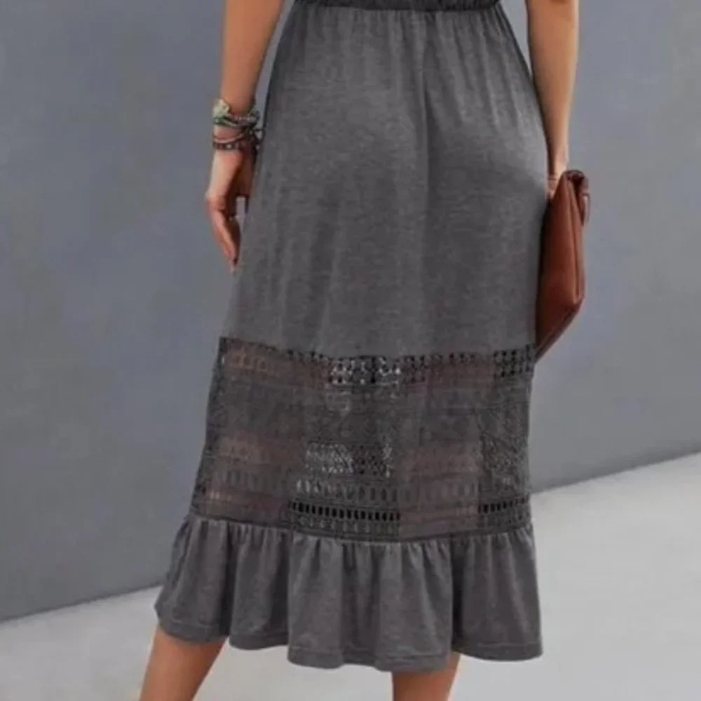 Gray Lace Buttons detail Ruffle Hem Cami Dress - Picture 5 of 6